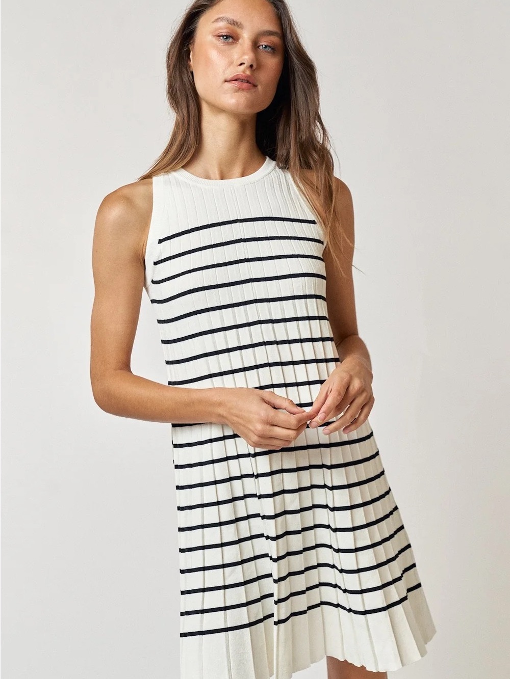 Sleeveless White Dress with Black Stripes - Casual Mini Swing - Picture 2 of 4